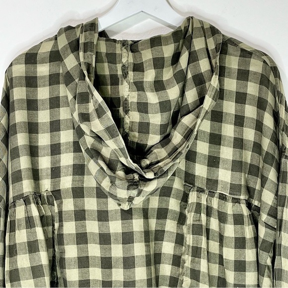 Free People Plaid Checker Hooded Cropped Long Sleeves Green Oversized Top Rare - Picture 3 of 7
